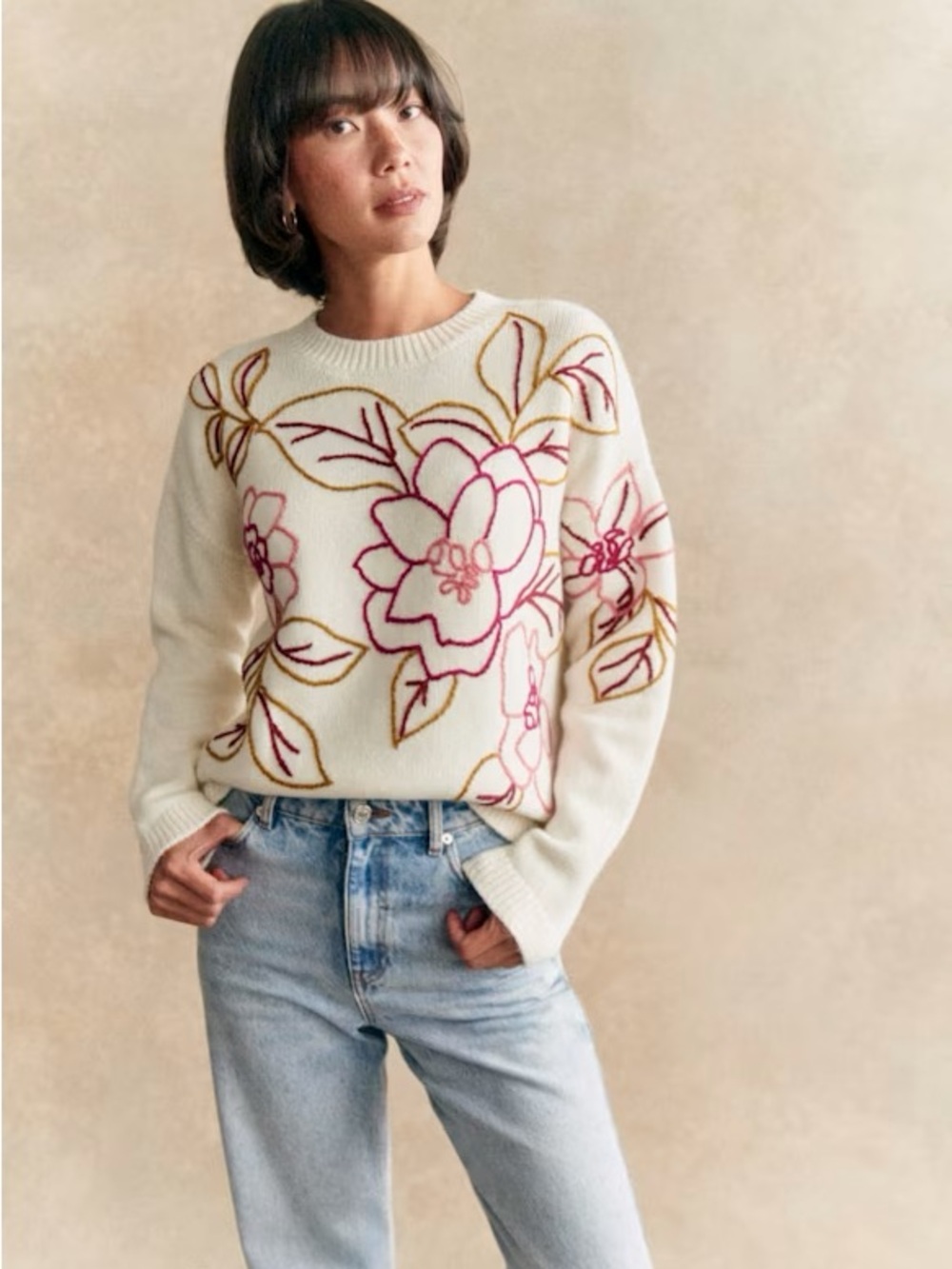 Sezane Cream Crewneck Sweater with Pink & Burgundy Floral Embroidery